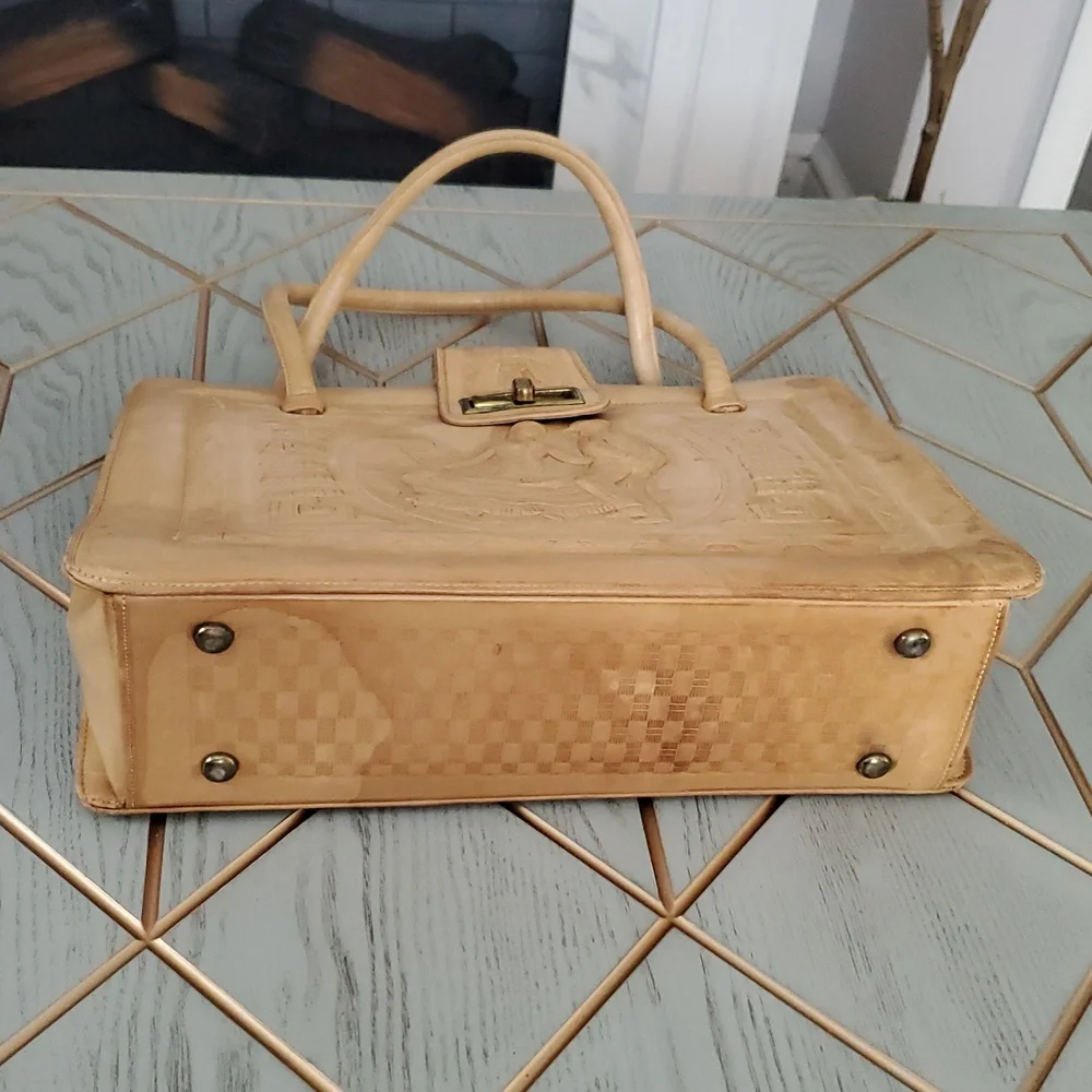 Vintage Beige Leather Mexican Satchel Bag